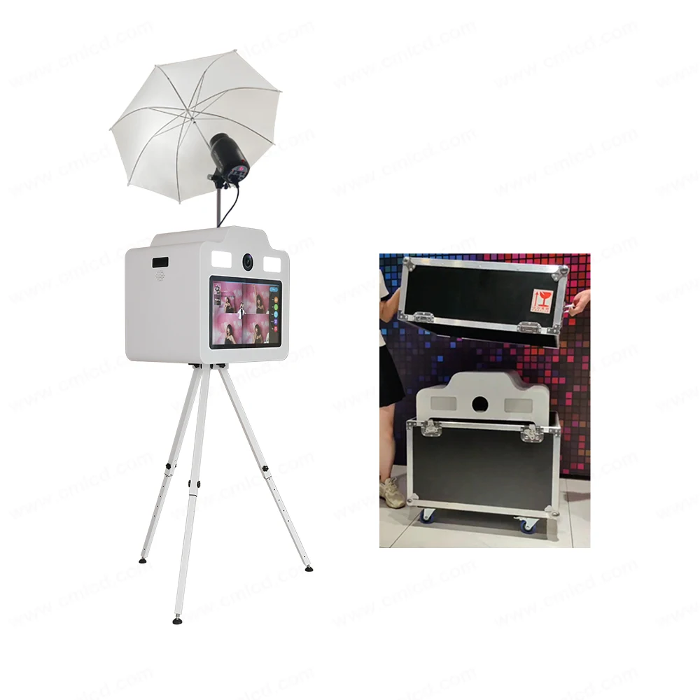 portable stable tripod photo booth box with catch photo tray put the printer inside 21.5 inch touch screen dslr photobooth shell