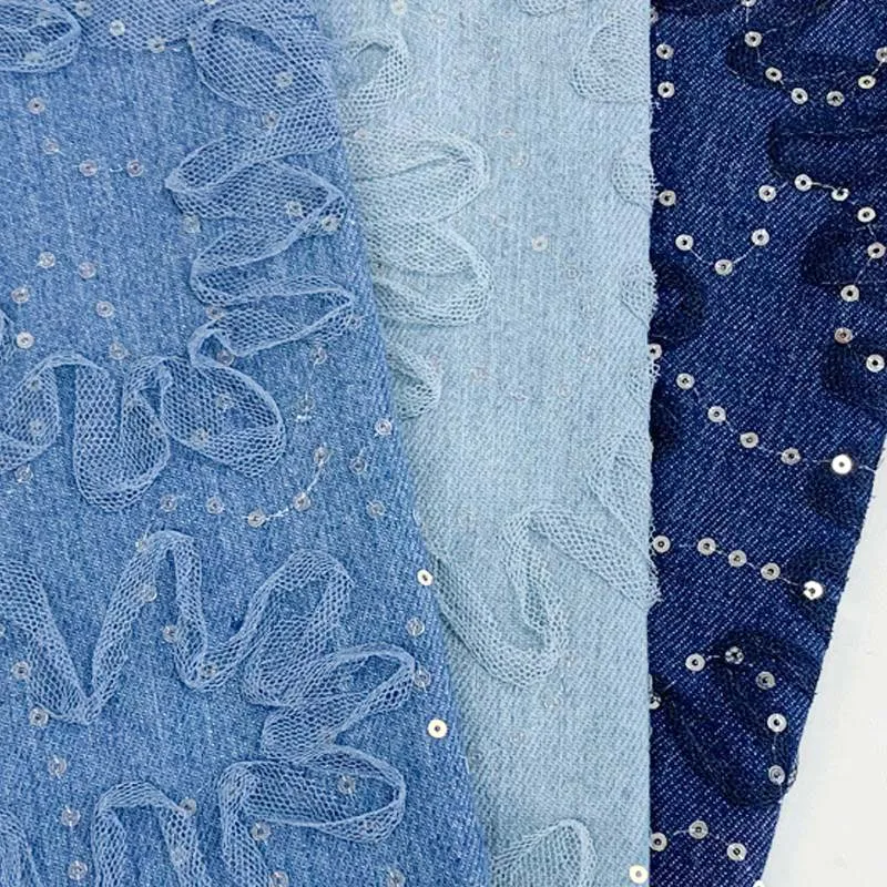 Denim Fabric Wholesale Polyester Cotton Lace Bead Embroidered Denim Fabric For Clothing Diy Decoration