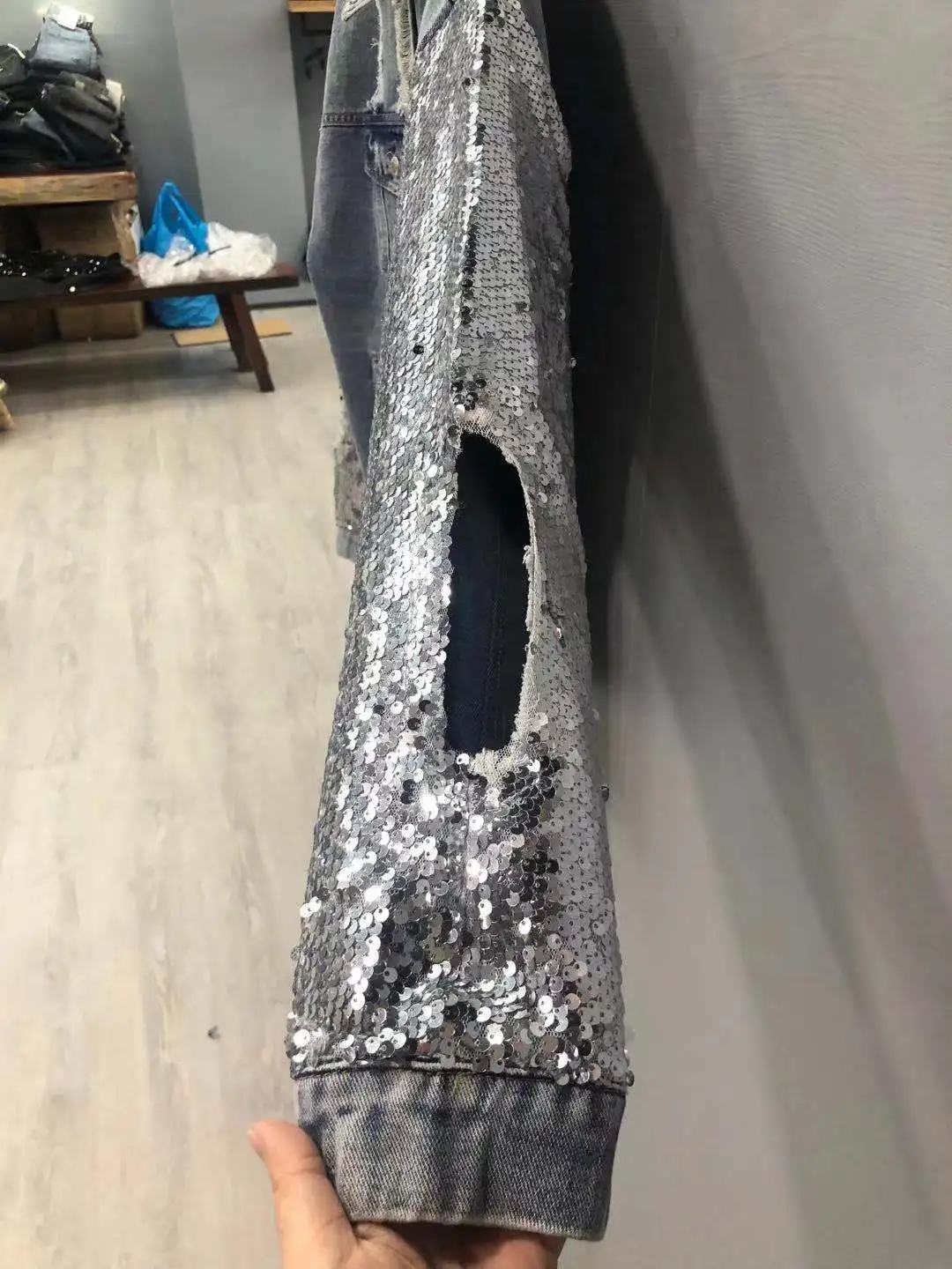 WOMEN DENIM JACKET WITH BLING BLING SLEEVES