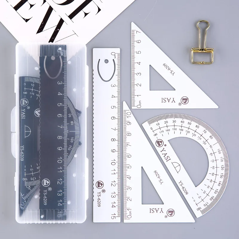 YS6209 metal ruler A# white B# black metal student metal ruler straight ruler triangle protractor four sets