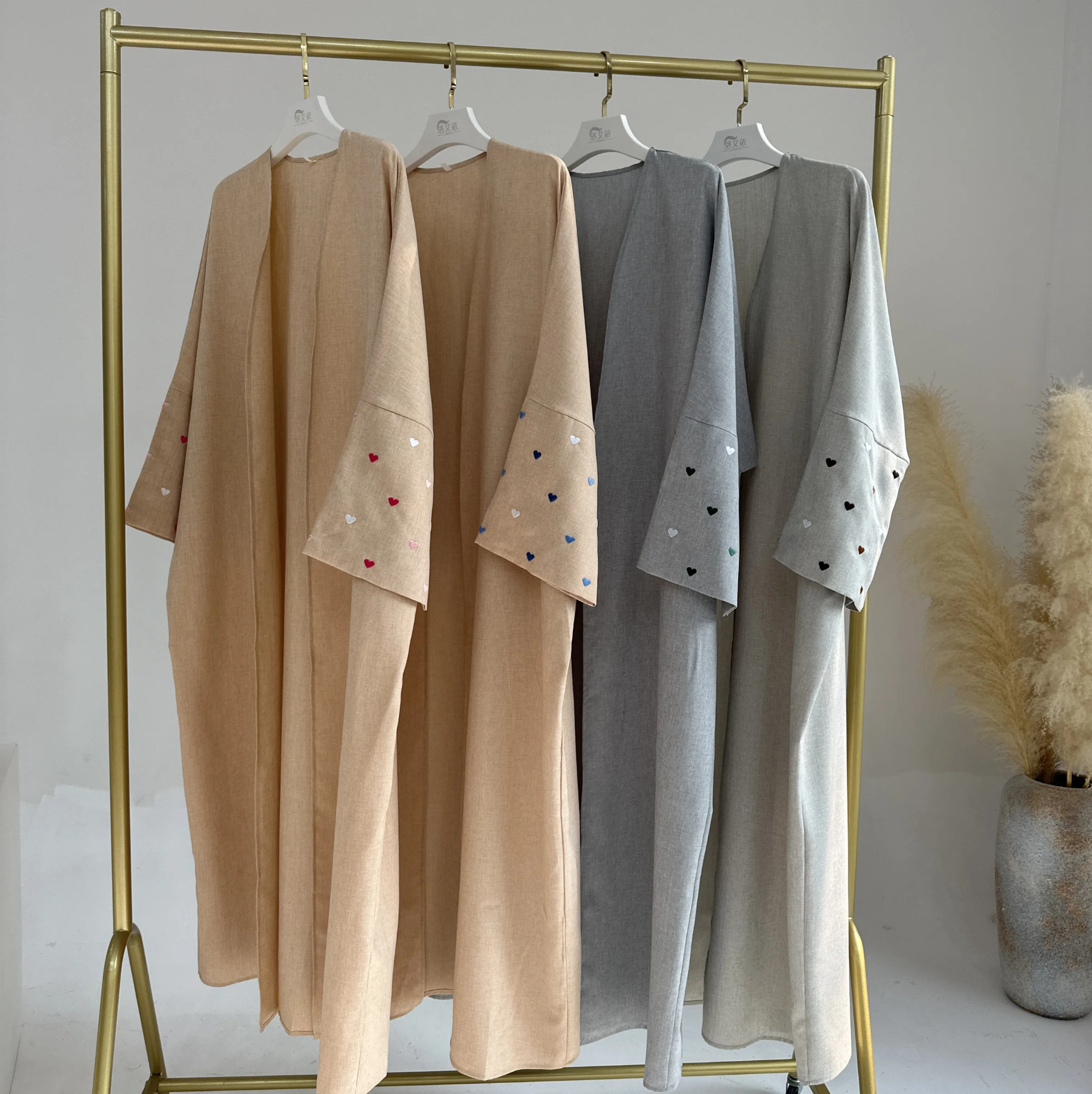 Loriya 2024 EID Heart Pattern Embroidery Linen Open Abaya Dubai New Fashion Kimono Islamic Clothing Women Muslim Dress