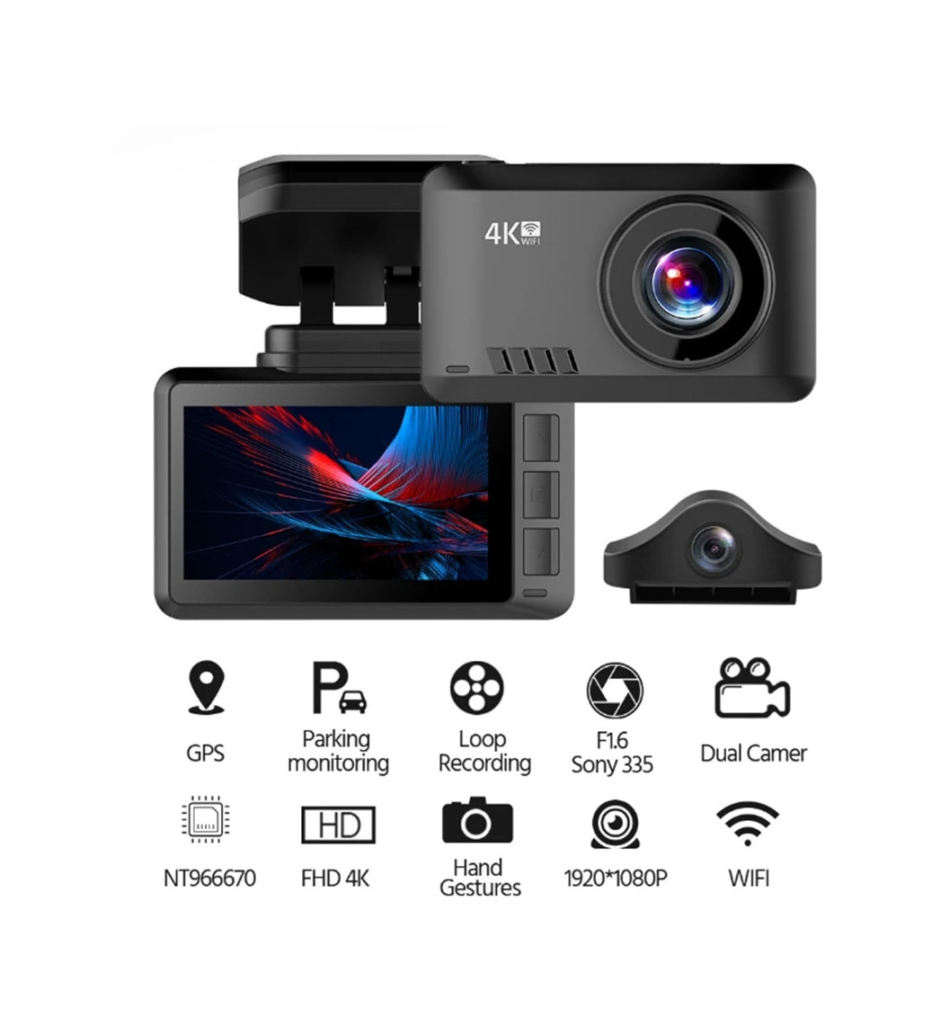 4K High Resolution Dual Car Cam Twin Dash Camera Hd 170 Degree Auto Video Cam Recorder With Back Cam