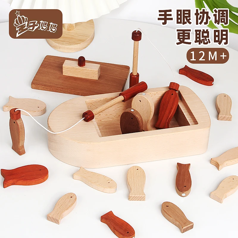 Kids Wooden Magnetic Fishing Game Fine Motor Skill Toy ABC Natural Color  Puzzle Montessori Letter Cognition Wooden Toys