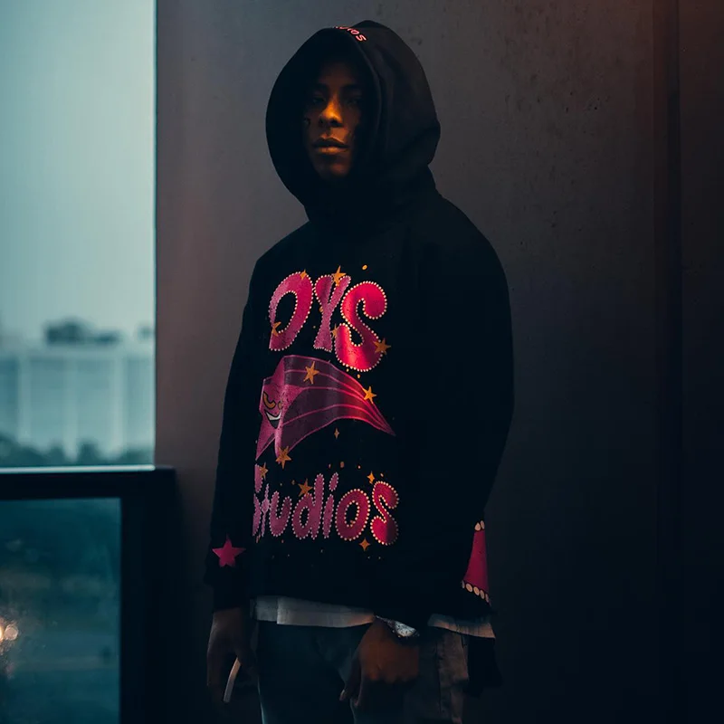 Custom rhinestone logo sweatshirts hoodies no string cut and sew oversized pullover french terry cotton cut edgs raw hem hoodie