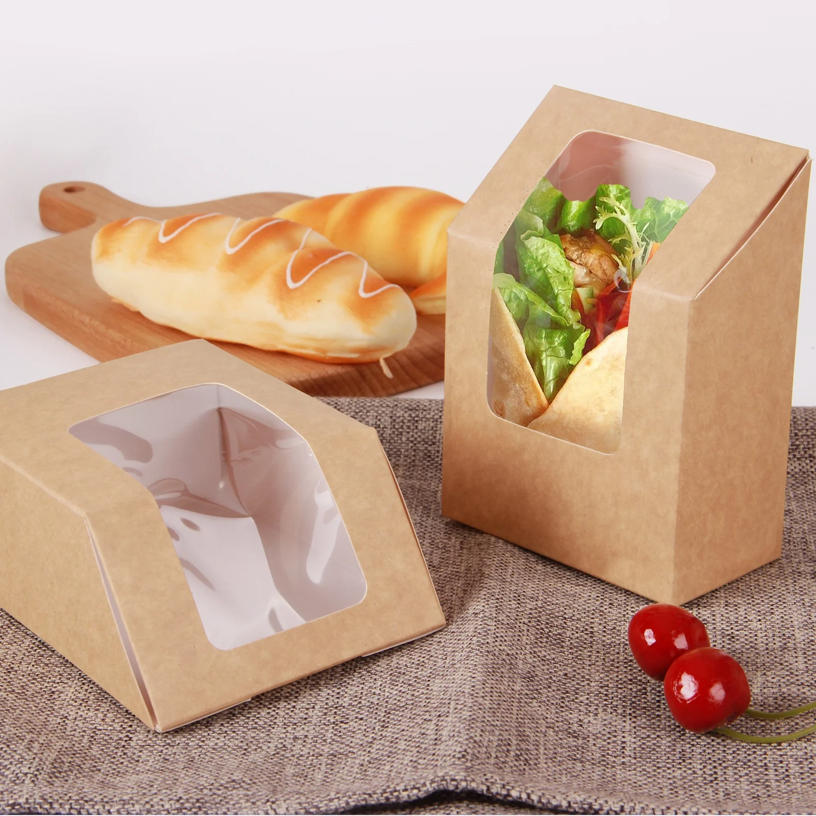 Wholesale Takeaway Snack Container With Transparent Window Paper Sandwich Packaging For Bakery