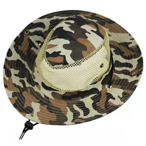 Outdoor adjustable camo wide brim safari cap mesh fisherman hats bucket hats