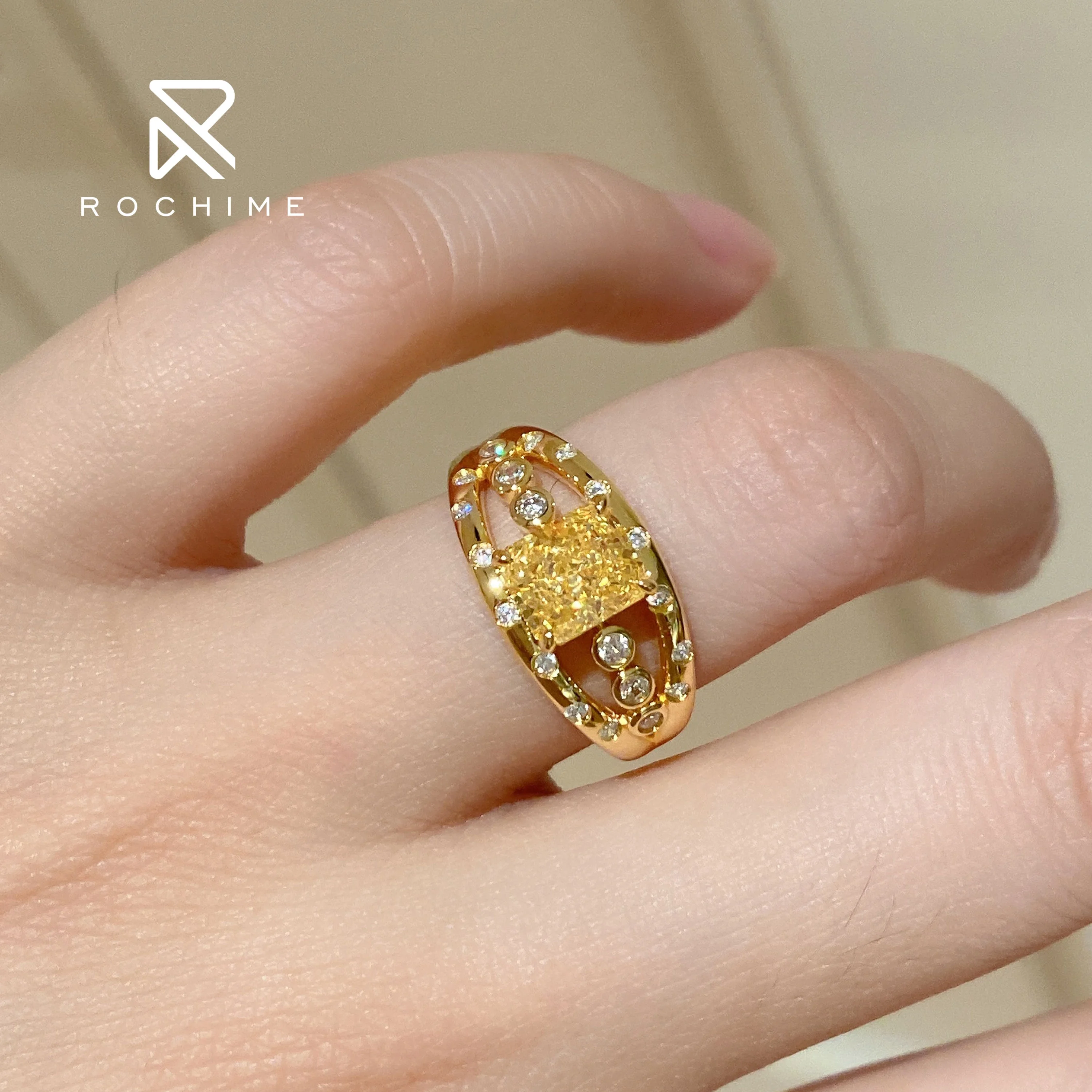 Rochime star shine yellow diamond ring 925 sterling silver gold plated cubic zirconia rings for women