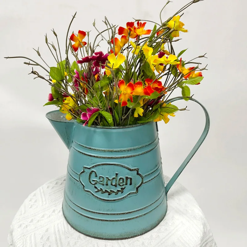 Blue Cast Iron Planter Kettle Type Metal Planter Urn Cast Iron Flower Plant Pot Bonsai Flower Arrangement Ornaments Flower Pot