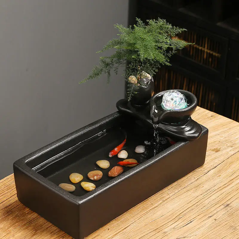 Fengshui Black Ceramic Zen Water Fountain Desktop Waterfall Fountain Water Fish Tank Cat Fountain Gift