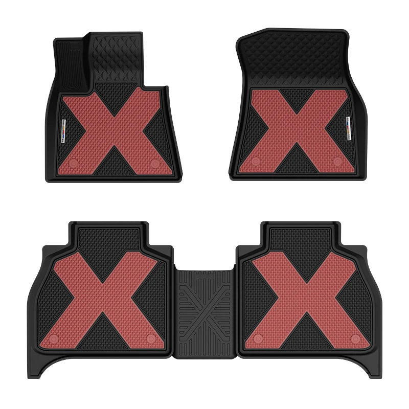 Customized Alloy LOGO LICHI Leather Car Mat Injection Molded Dual Color TPE 4pcs Car Foot Pad For BMW X5