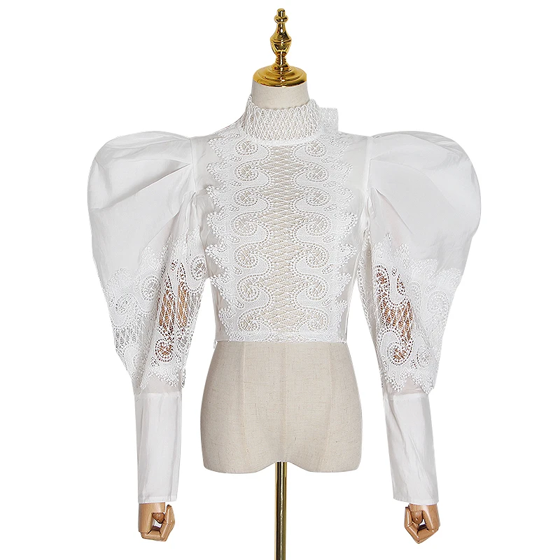 CHICEVER Puff Sleeve Tops Hollow Out Women Shirt Turtleneck Lace Up Crop Top 2020 Fashion Blouse