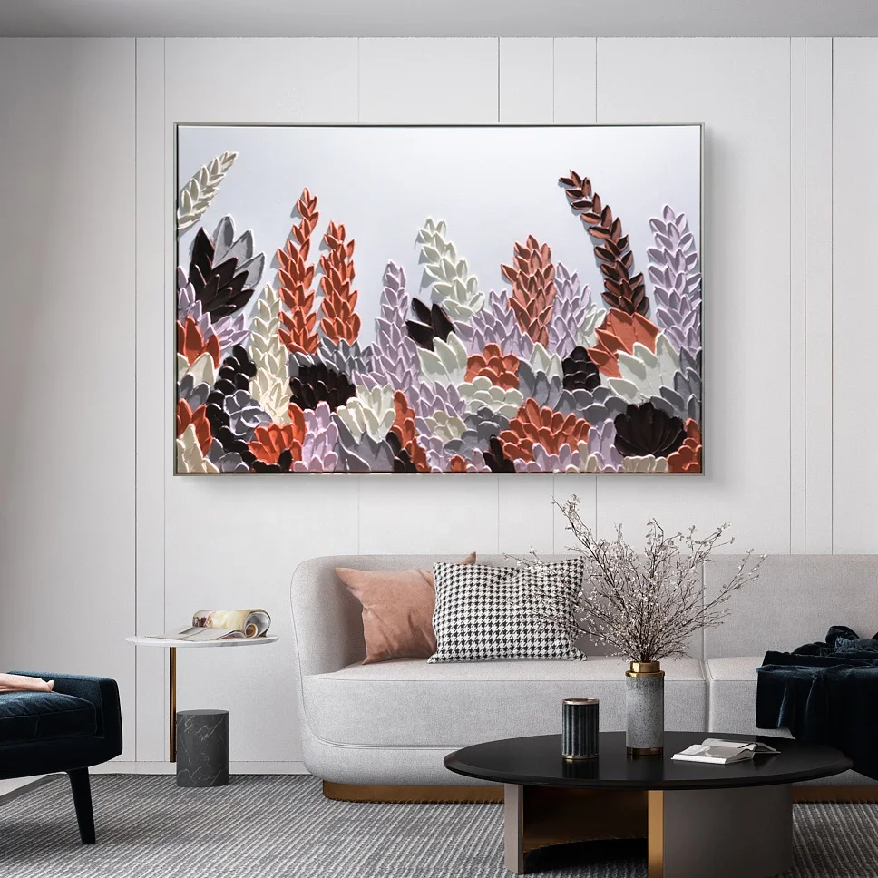 Relief Acrylic Paint Abstract Flowers Hand heavy oil painted by palette knife Gallery Wrapped Canvas With Floating Frame Artwork