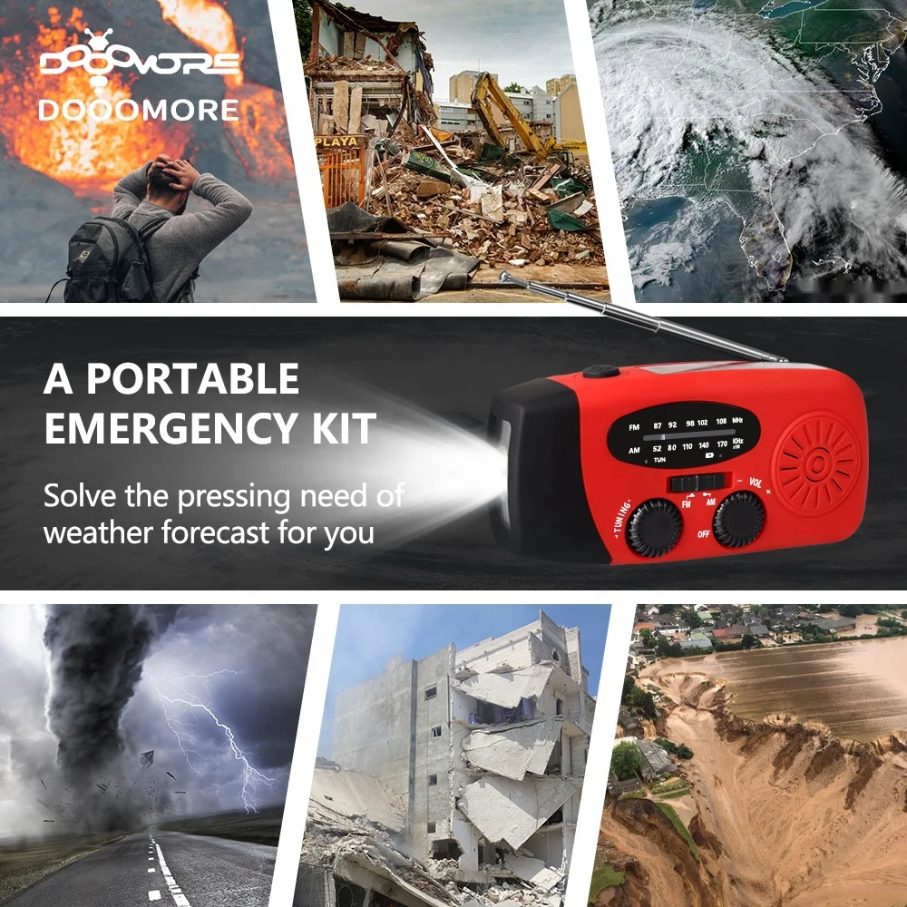 Dooomore solar energy dynamo hand crank flashlight usb mini pocket am fm emergency noaa weather radio