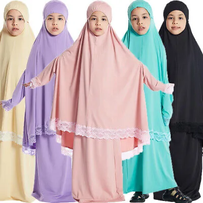 C0024 Muslim Children Kids Girls Hijab KHimar Skirt Set Prayer Dress Suit Islamic Arab Baby Robe Sets