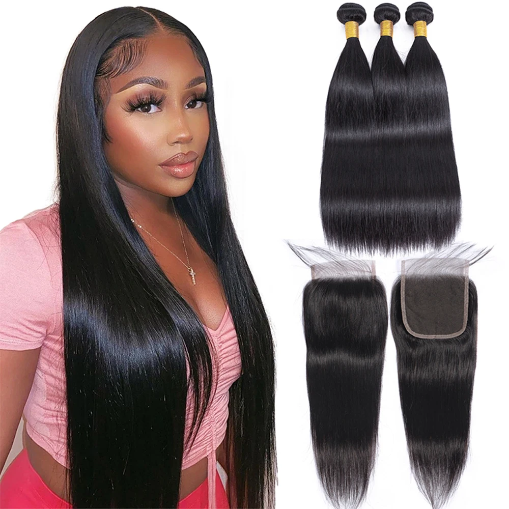 Straight  Remy Human Hair Bundles With Closure Brazilian Raw Hair Weave Bundles With Closure Deals