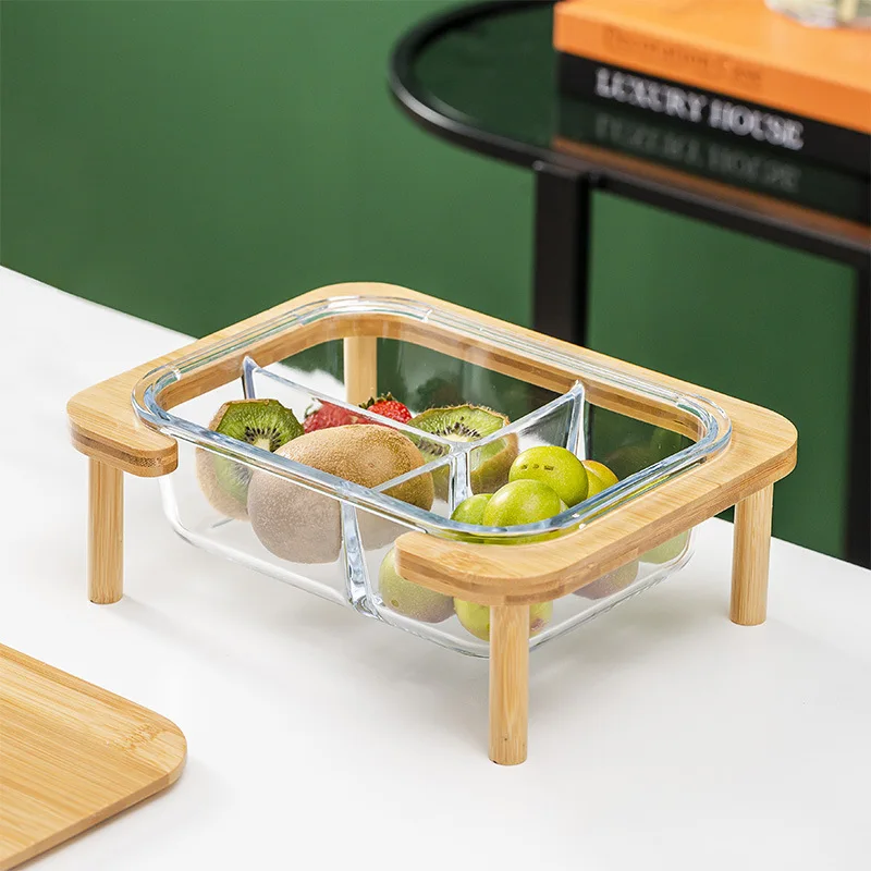 Bamboo glass fruit tray family living room tea table net red snack tray with cover fruit melon seeds peanut candy box