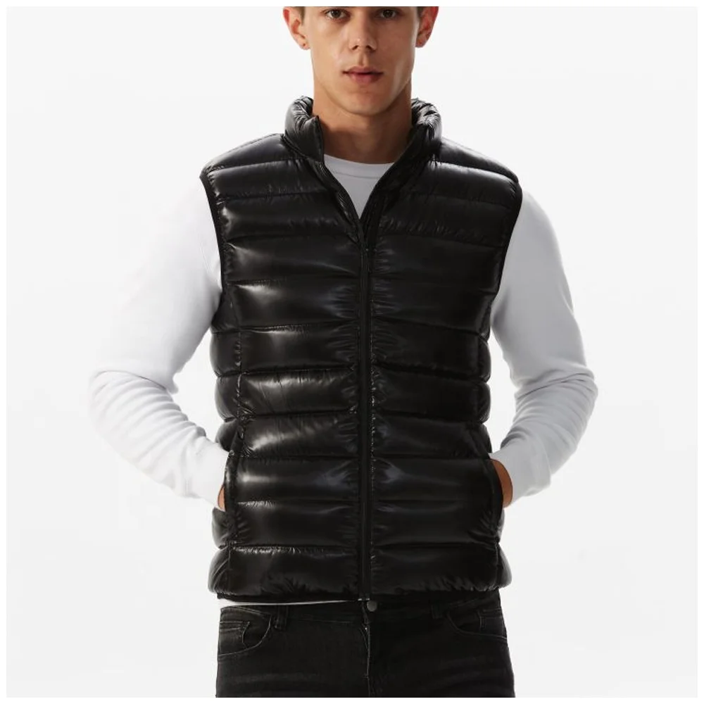 OEM high quality casual street wear trendy new fashion winter men outdoor shiny sleeveless black puffer vest