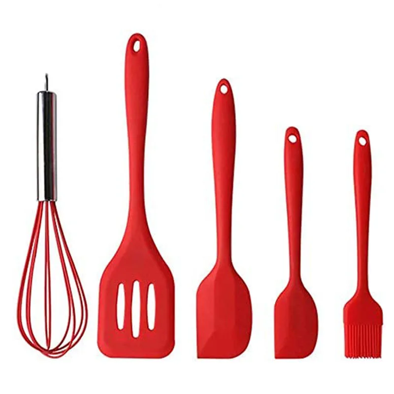 
5pcs red Non Stick cookware Sustainable scraper Easy to clean silicone kitchenware sets 