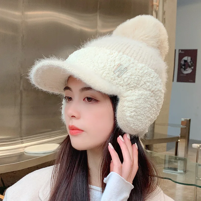Women Warm Beanie Hat Solid Color Winter Warm Knitted Baseball Cap Pompom Winter Hat Thicken Ear Protection Knitted Popular YT