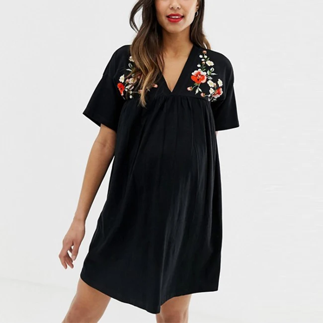 
 Вышитые с коротким рукавом Потрясающие хлопковые черные женские повседневные платья для беременных  
