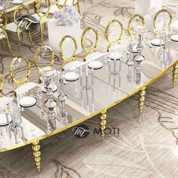 Luxury wedding gold metal glass dining table with mirror top