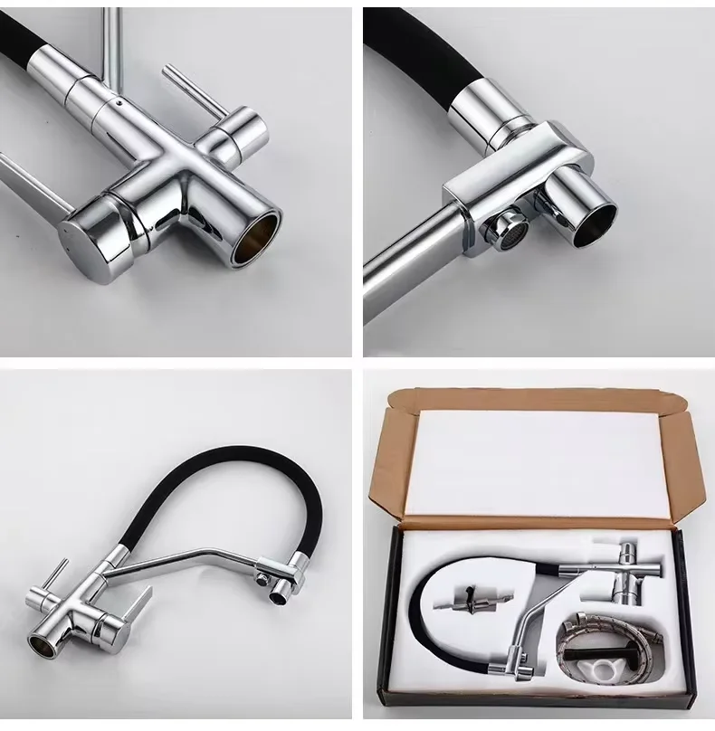 Black Economic Flexible Brass Hot and Cold Water Kitchen Faucet Dual Handle Purification Russia Pull Out Kitchen Tap