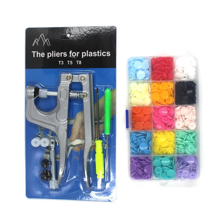 Button Fastener Snap Plier & 1 Box Of 15 Colors Set T3/T5 /T8 Snap Plastic Resin Buttons Hand Press Pliers