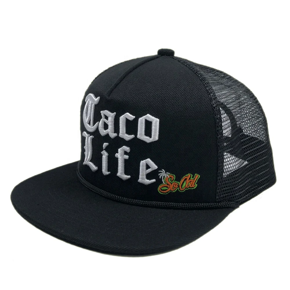 OEM Fashion Black 100% Acrylic 5 Panel Mesh Snapback Cap 3D Puff Embroidery logo Custom Flat Brim Trucker Hat With Rope