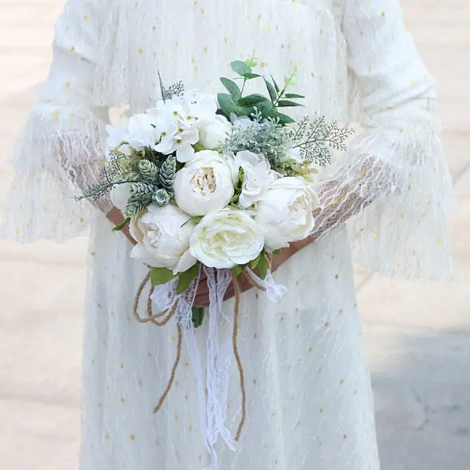 Partycool European Style Peony Bridal Shower Bouquet Silk Flowers Handmade Artificial Wedding Bridesmaid Hand Flower Bouquets