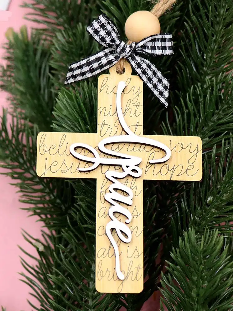 ZSHCH1704 White Lacquered Wood Boards UV Printed Crosses Graphic Design for Christmas  Ornaments