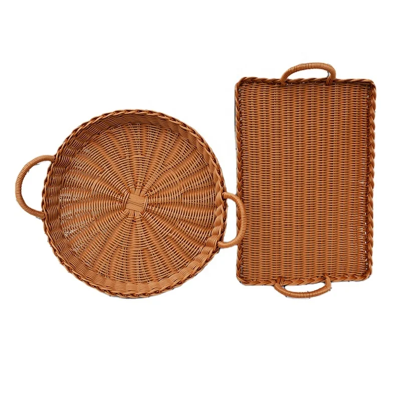 Wholesale Binaural Handle Rattan Woven Baskets Tea Set Storage Tray for Living Room Desktop Fruit Snack Tray for Bread Fruit