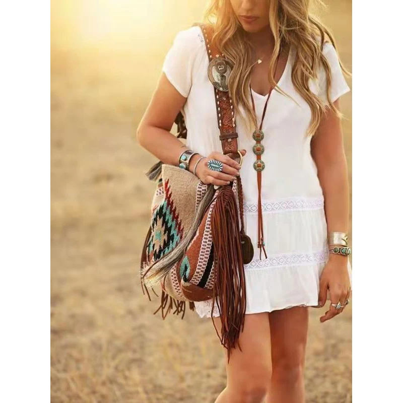 European American Vintage Handmade Woven Tassel Cotton Linen Canvas Shoulder Women Bag Large Capacity Tote Bag Handbag
