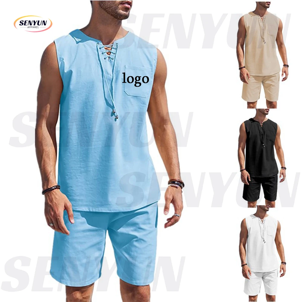 2024 New Custom Logo Solid Color Vest Shorts Two Piece Tracksuit Plus Size 3XL Mens Sleeveless Summer Sweatshirts Set