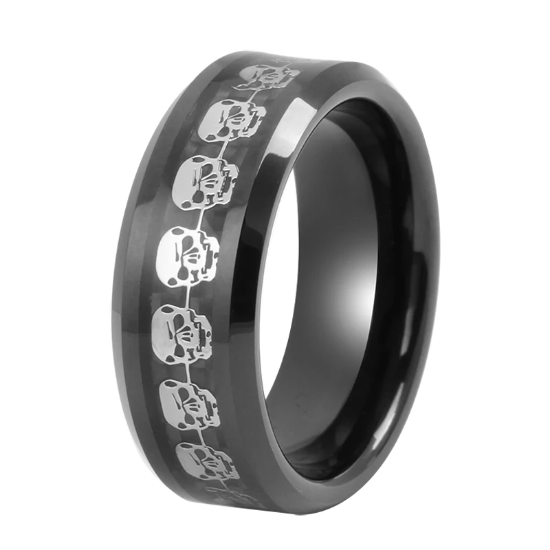 Men Silver Skull Skeleton Inlay Carbon Fiber Wedding Band Promise Rings Black Tungsten Carbide Rings