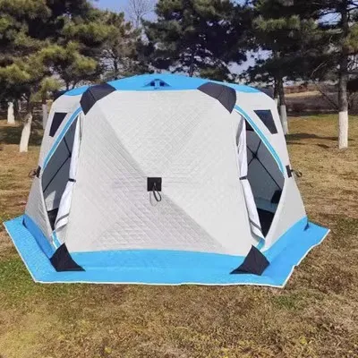 Outdoor Hexagon hub tent portable Up custom cube hiking insulated ice fishing tent 6 person winter camping hot tent with chimney