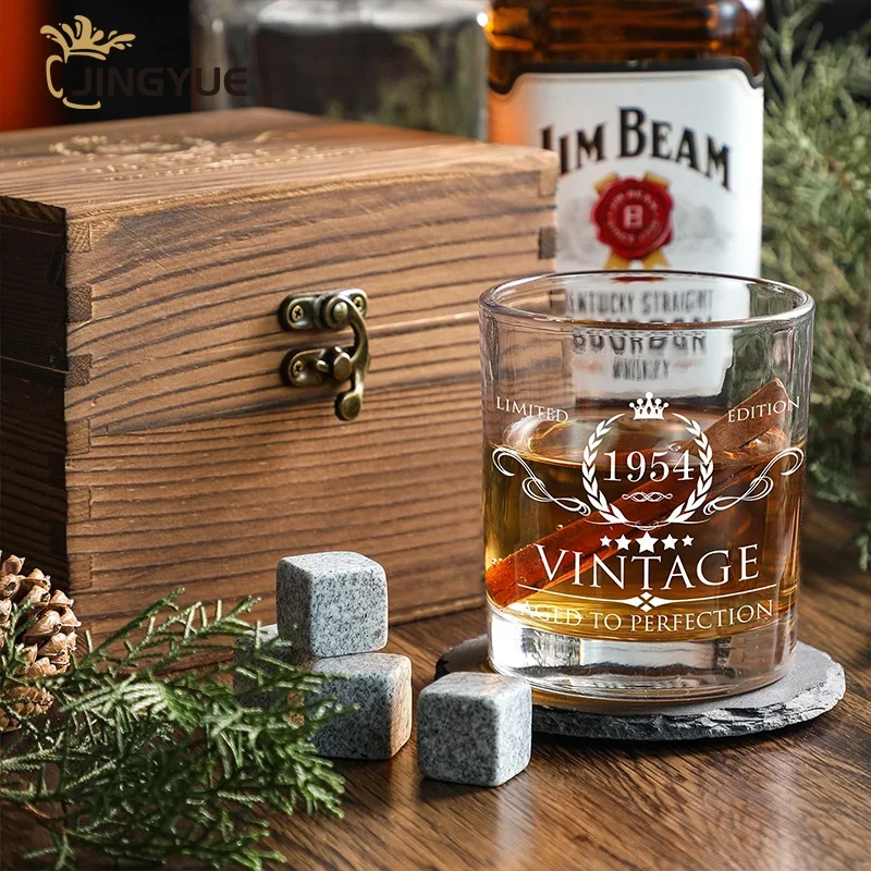 JINGYUE 4 Granite Whiskey Cooling Rocks and Spirit Glass Whiskey Stone Gift Set in Wooden Box for Birthday Wedding Graduation