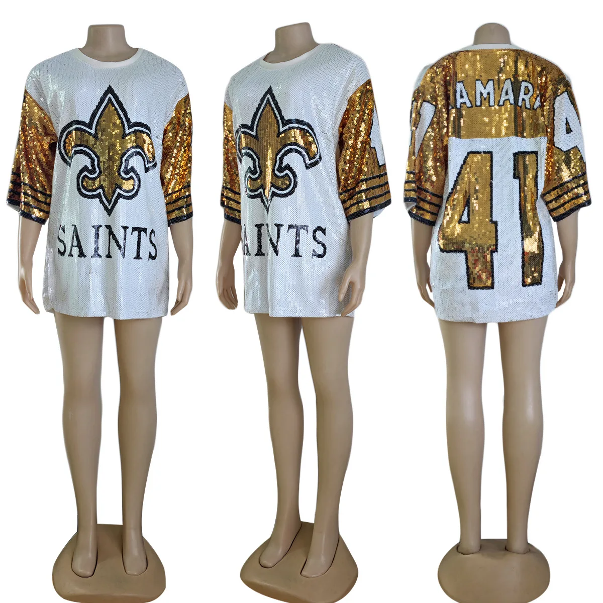 Z122060 2022 free size summer sequin t-shirt dress tshirt clothing Plus Size black and gold new orleans saint sequin dress women