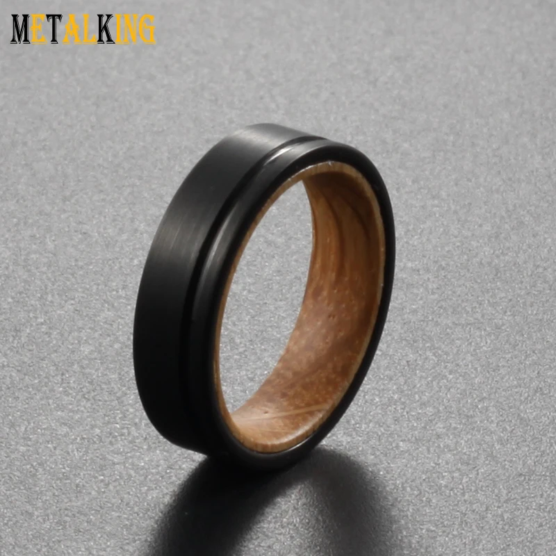 6mm Black Mens Tungsten Ring Wedding Band Whiskey Barrel Wood Inside Brushed Thin Groove Comfort Fit