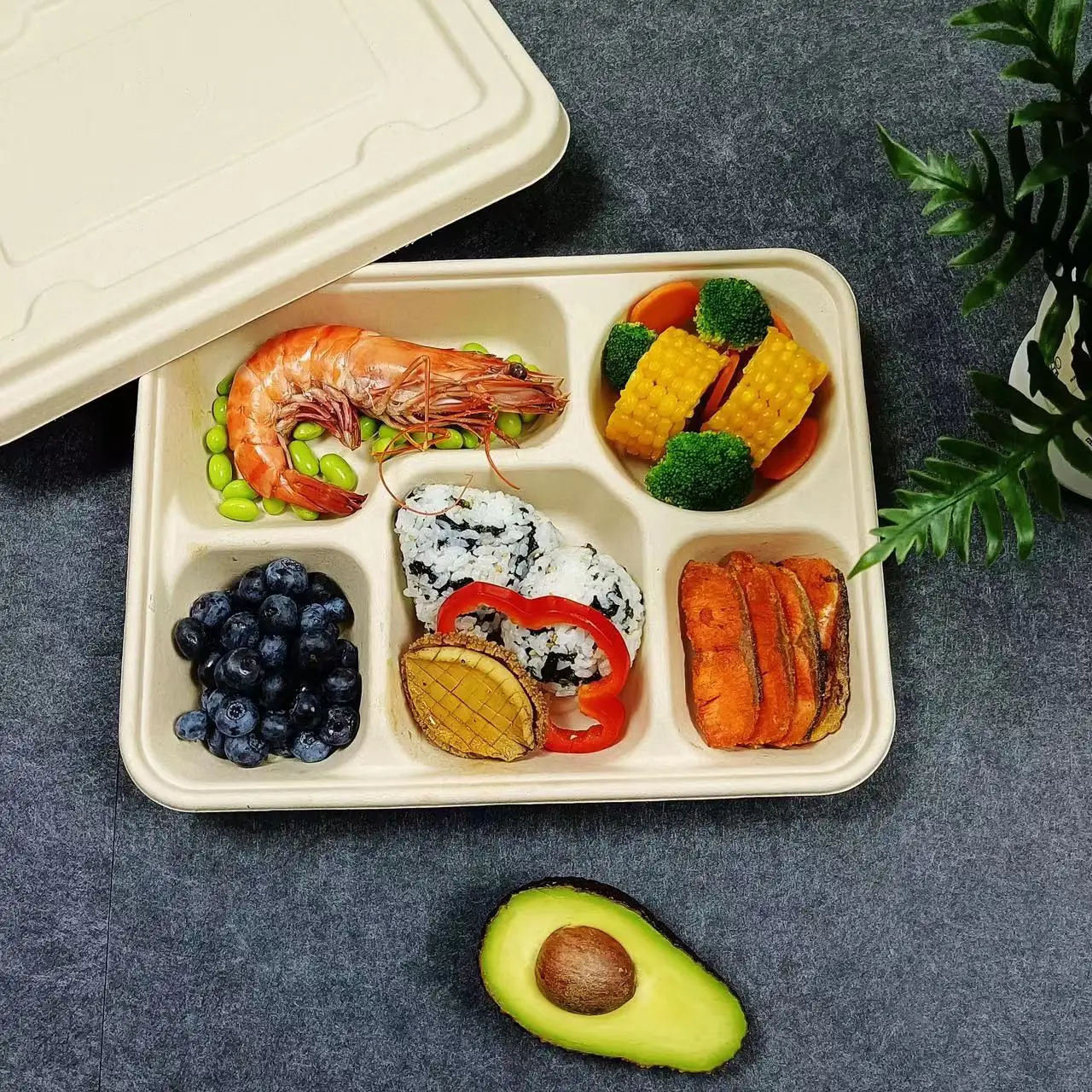 Shandong New Sky Factory Direct 6 Compartment Eco Friendly Bagasse Compostable Biodegradable  Food Container Paper240428