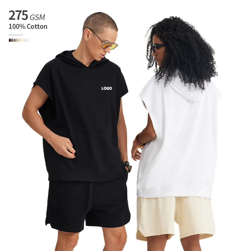 Sleeveless 275 GSM 100% Cotton Print On Demand Oversized Plus Size Streetwear Hooded T-Shirt Front Pocket Men Pullover Hoodie