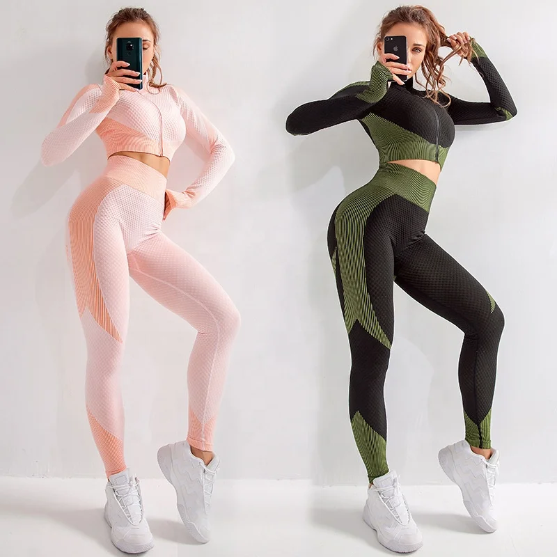 
2021 Women Long Sleeve Yoga Jacket Gym Workout Clothing Zippered Fitness Crop Top High Waist Seamless Leggings Sport Suit 
