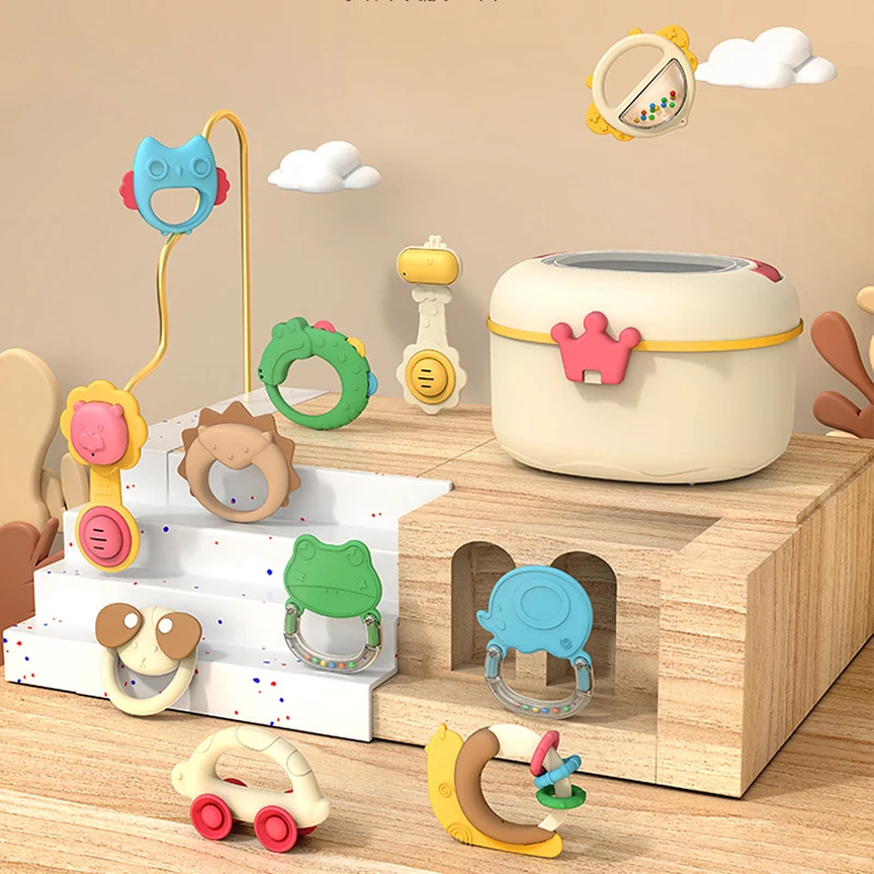 14 Pcs baby silicone rattles handbell teether toys set animal soft silicone teether rattle with drainage storage box for newborn