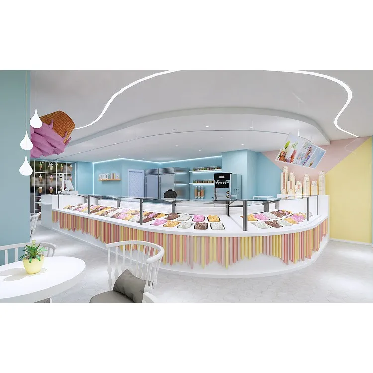 Blue Nice Ice Cream Store Design Ice Cream Display Showcase Ice Cream Cart Kiosk Customized Indoor Yogurt Snack Shop