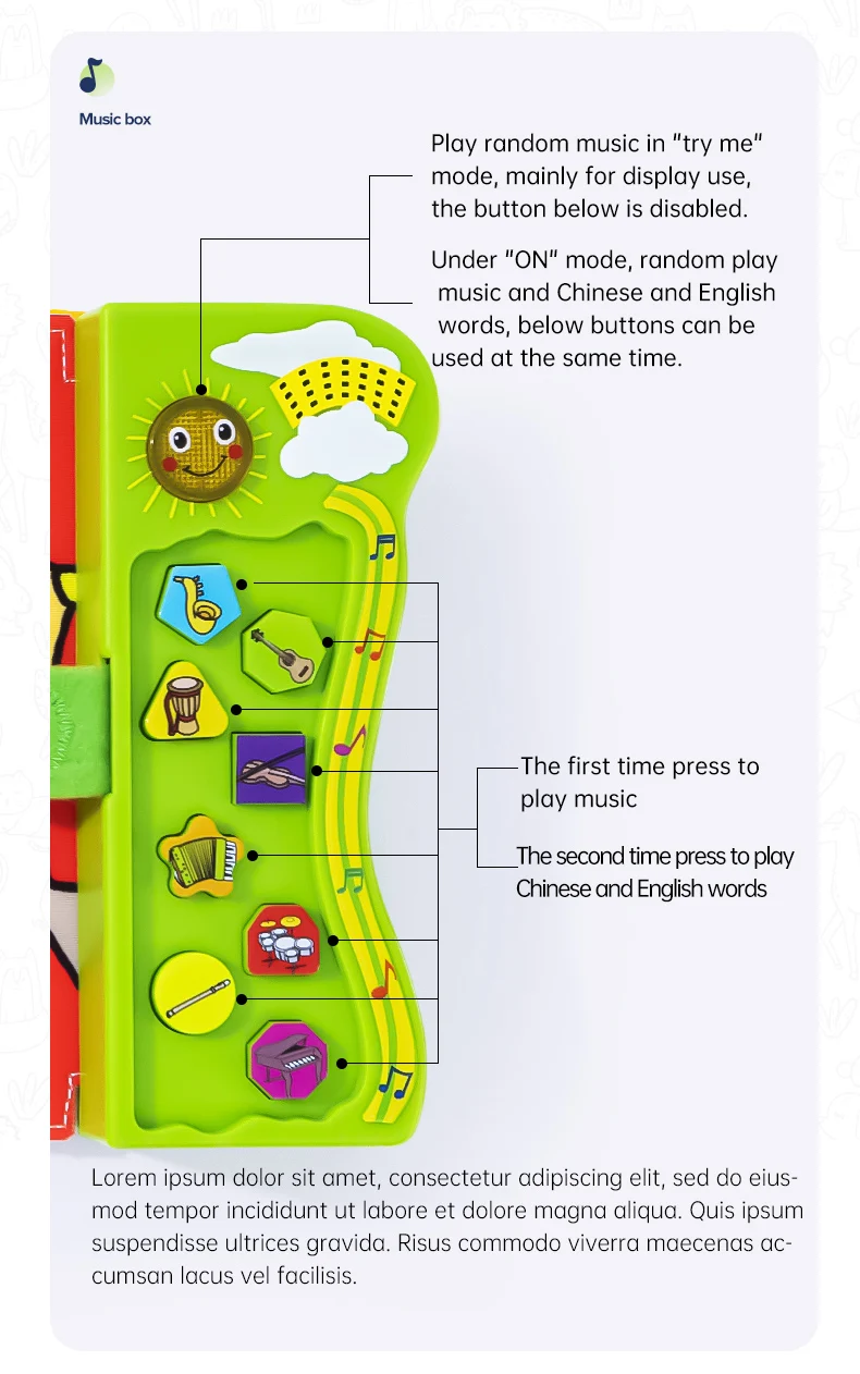 Книга детская тканевая со съемной молнией записная книжка с распознаванием инструментов моющиеся музыкальные детские книги музыкальным звуком 6 страниц