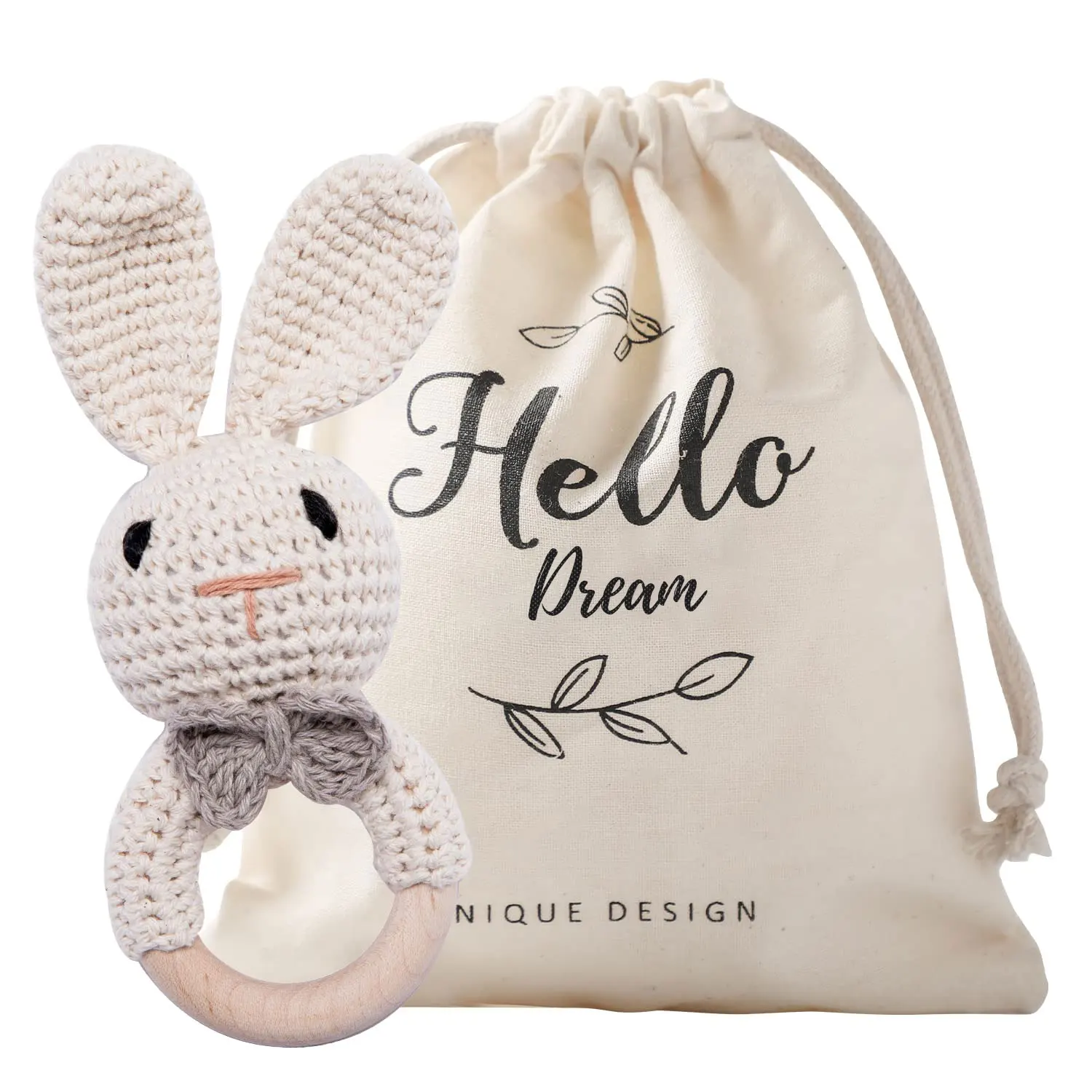 New Natural Safety Handmade Wood Baby Cute Rabbit Animal Ring Rattle Teethers Wooden Teething Crochet Baby Teether