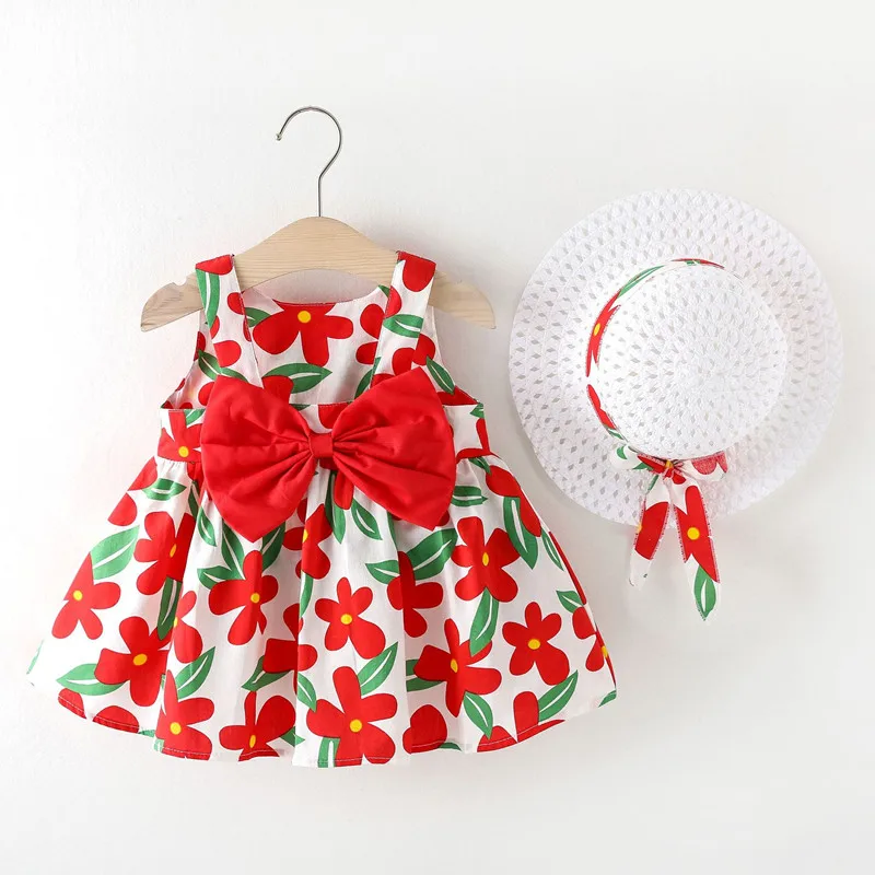 Factory Price summer Sleeveless kids Beach Children flower smocked frock toddles Cheap girls cotton casual dress with hat