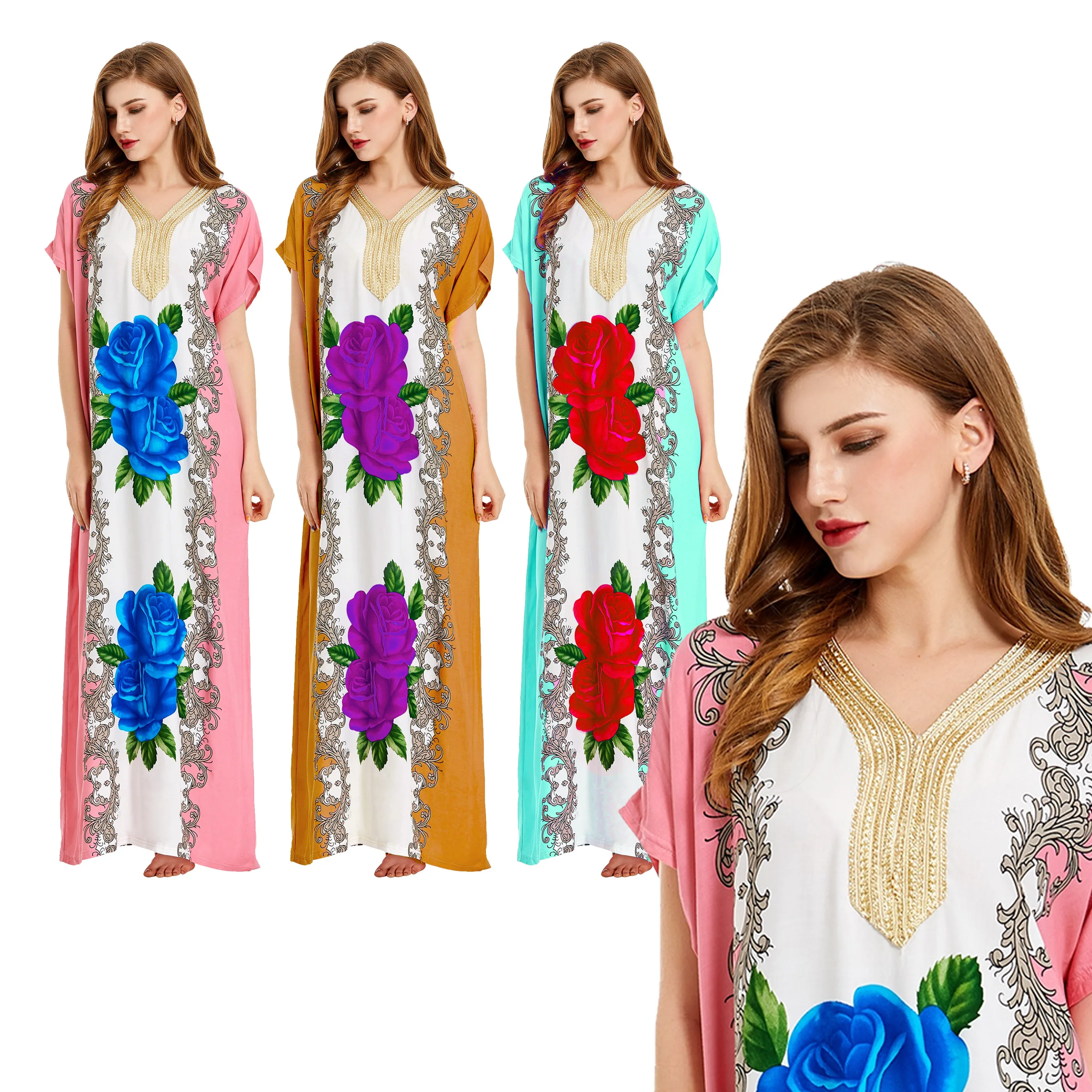 Popular printed flower Golden neckline india long dress maxi Islamic Clothing