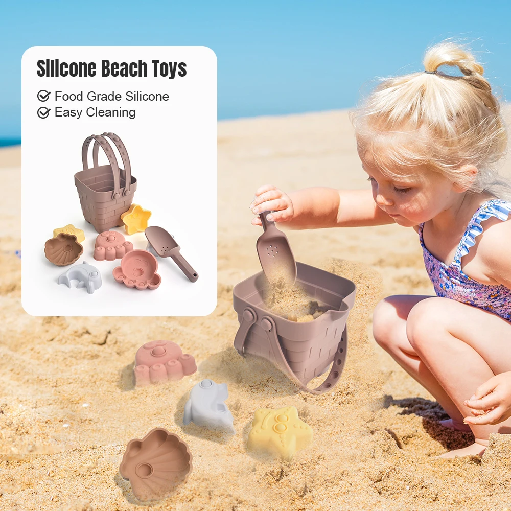 Summer Outdoor Toys silicone beach bucket outdoor kids Educational Beach Toy Silicone Bucket Pail and Spade sets