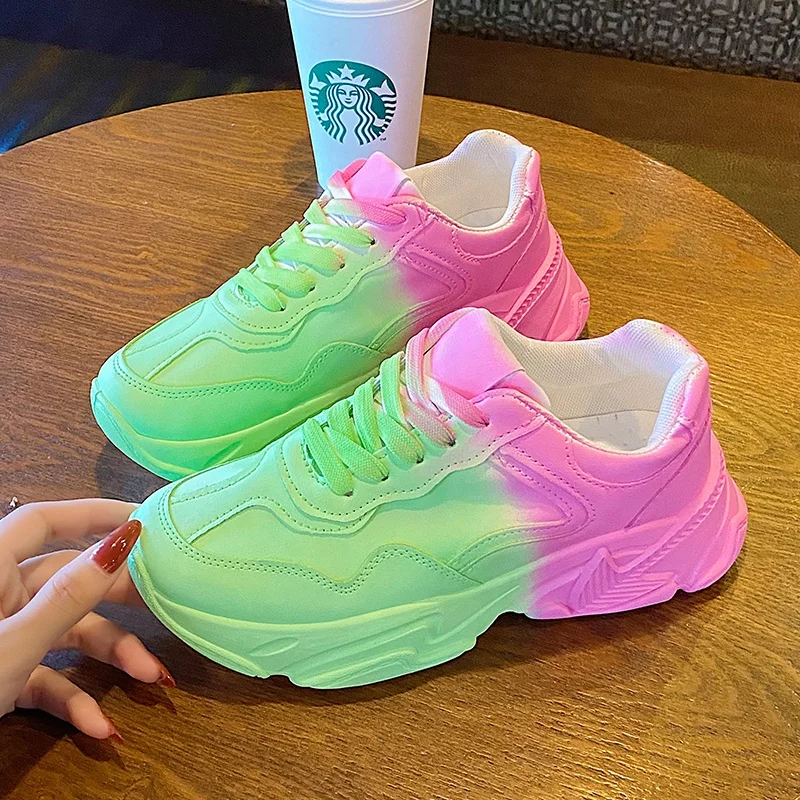 Women 5 CM Heel Chunky Shoes Large Size 35-41# Pink Color With Blue Or Green Color Block Shoes