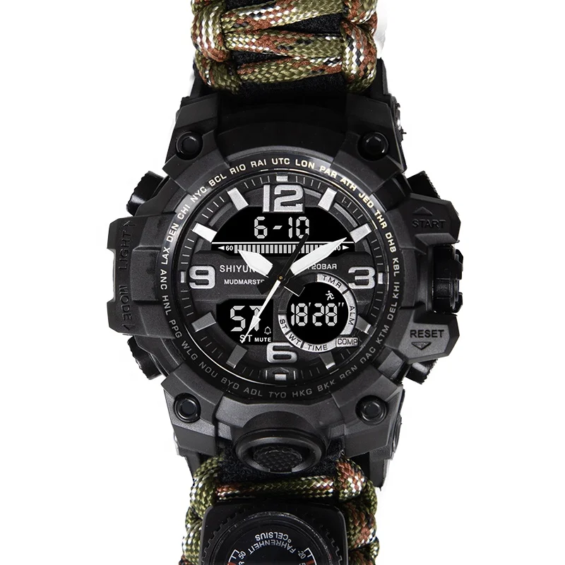 Mens Tactical Multi-Functional and Adjustable Wristband Outdoors Waterproof Sports Dual Dial  with Compass Survival Watch